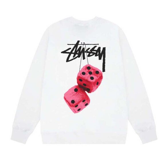 Men's Stussy Pink Dice Print Crew Neck White Sweatshirt - Picture 1 of 7
